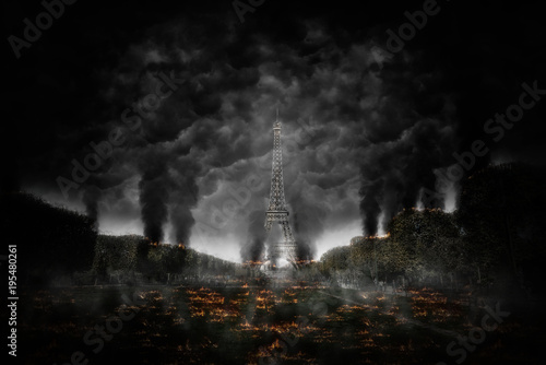 Apocalyptic scene of destruction near Eiffel Tower