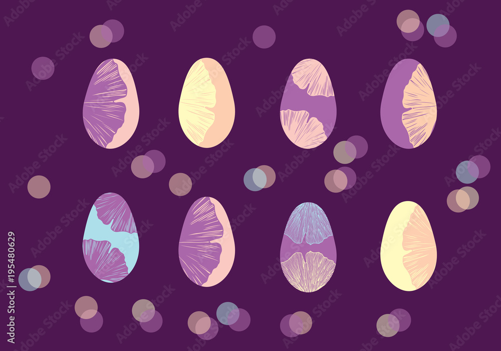 Hand drawn ginkgo leaves in a purple, yellow, blue and pink colors palette vector illustration Easter eggs set Hand drawn ginkgo leaves in a purple, yellow, blue and pink colors palette vector illustration Easter eggs set