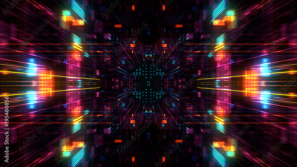 Naklejka premium Abstract futuristic sci fi warp tunnel with particle grid. Graphic for data center, server, internet, speed. Futuristic big data visualisation, hi tech background. 3D rendering.