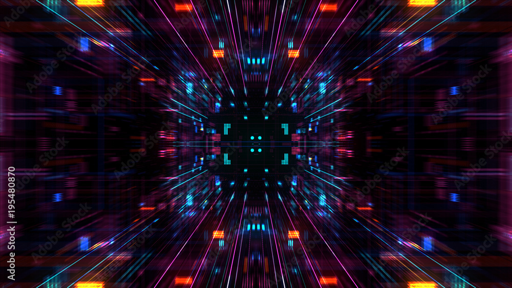 Abstract futuristic sci fi warp tunnel with particle grid. Graphic for data center, server, internet, speed. Futuristic big data visualisation, hi tech background. 3D rendering. Abstract futuristic sci fi warp tunnel with particle grid. Graphic for data center, server, internet, speed. Futuristic big data visualisation, hi tech background. 3D rendering.