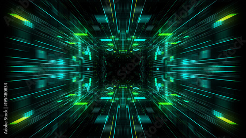 Abstract futuristic sci fi warp tunnel with particle grid. Graphic for data center, server, internet, speed. Futuristic big data visualisation, hi tech background. 3D rendering.