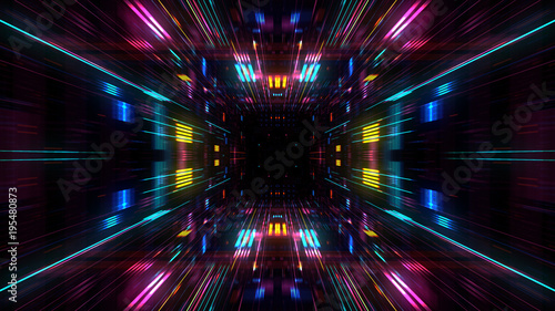 Abstract futuristic sci fi warp tunnel with particle grid. Graphic for data center, server, internet, speed. Futuristic big data visualisation, hi tech background. 3D rendering. © Quardia Inc.