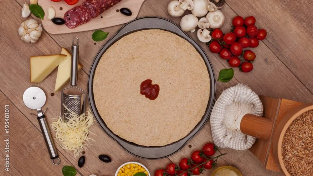 Top view of making a pizza with ingredients appearing on the slowly rotating setting - stop motion animation, camera rotates Top view of making a pizza with ingredients appearing on the slowly rotating setting - stop motion animation, camera rotates