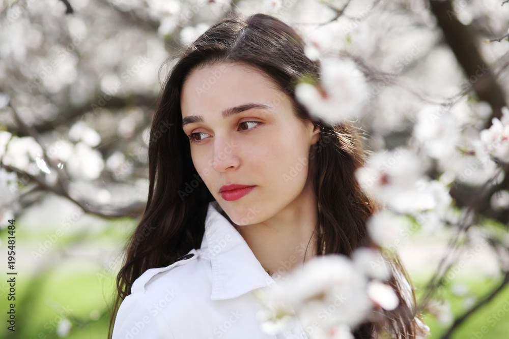 Portrait of a young woman against a background of blossoming apricot Portrait of a young woman against a background of blossoming apricot