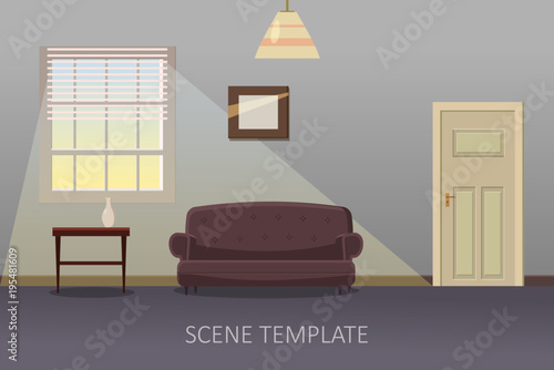 Living room interior with furniture. Vector illustration in cartoon style. Template scene for animation, isolated