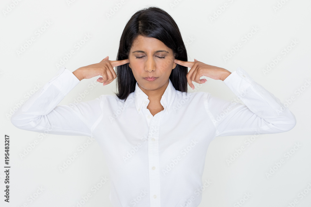 Annoyed Business Lady Stopping Ears With Fingers Annoyed Business Lady Stopping Ears With Fingers