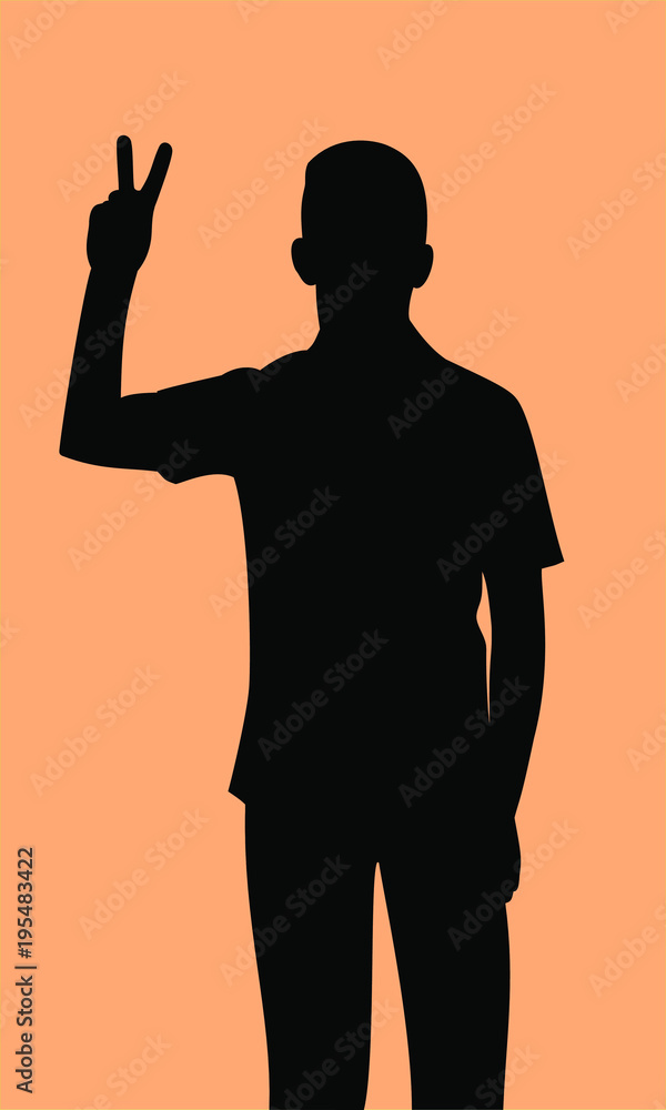  silhouette of young man showing thumbs up sign of victory, black figure on orange isolated background
