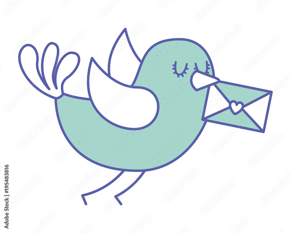 Obraz premium sweet bird with envelope message in beak cartoon vector illustration green pastel image