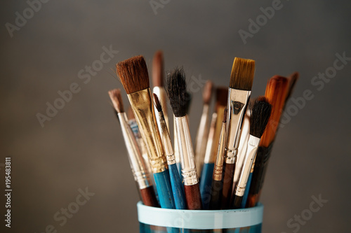 Various used paint brushes, close up