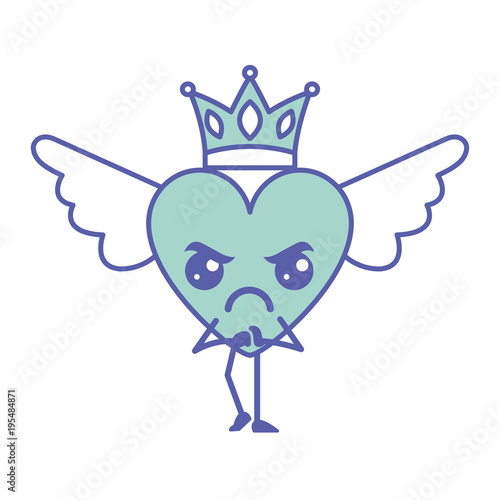 cartoon heart in love angry kawaii wings and crown vector illustration green design