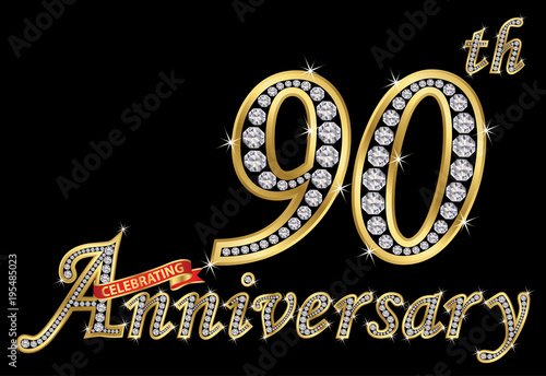 Celebrating  90th anniversary golden sign with diamonds, vector illustration