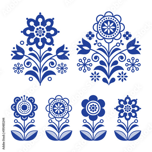 Scandinavian flowers design, folk art decoration with flowers, Nordic retro background in navy blue
