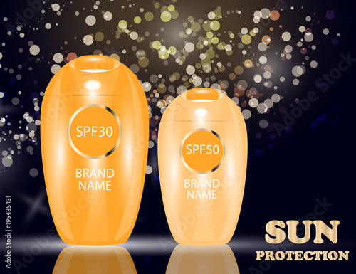 Realistic packages of Sun Protection Cream tubes.