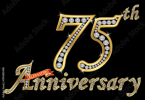 Celebrating  75th anniversary golden sign with diamonds, vector illustration