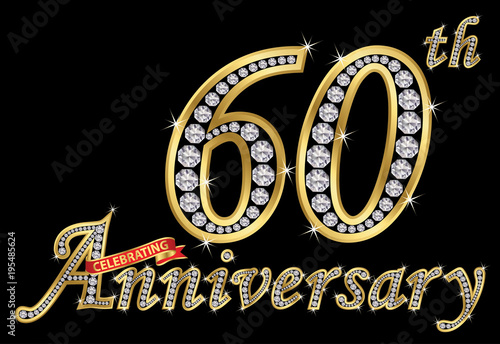 Celebrating  60th anniversary golden sign with diamonds, vector illustration
