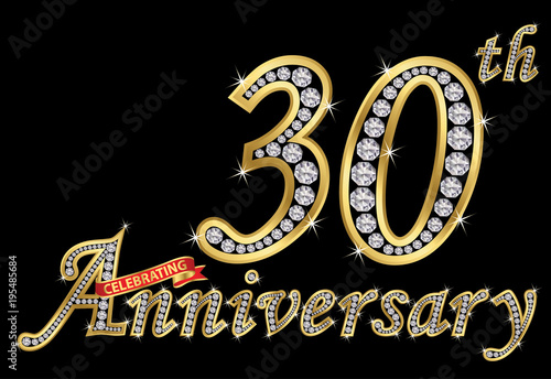 Celebrating  30th anniversary golden sign with diamonds, vector illustration