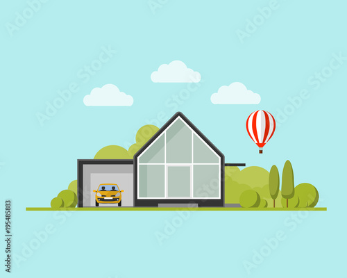 modern house with garden and balloon. Family home. Flat design vector concept illustration.