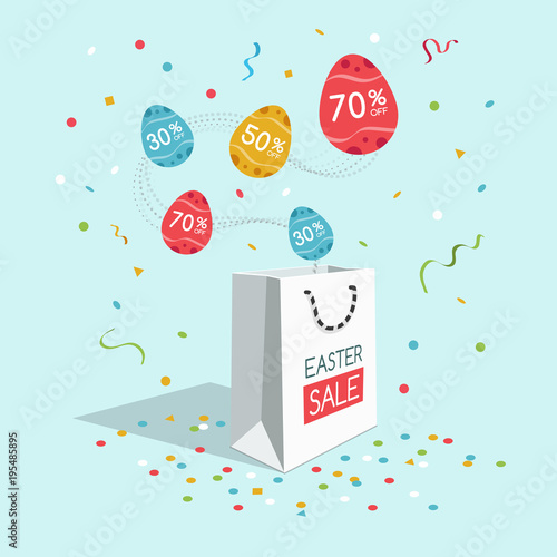 Easter sale symbol with shopping bag, flying egg labels and confetti isolated on light blue background. Easy to use for your design with transparent shadows.