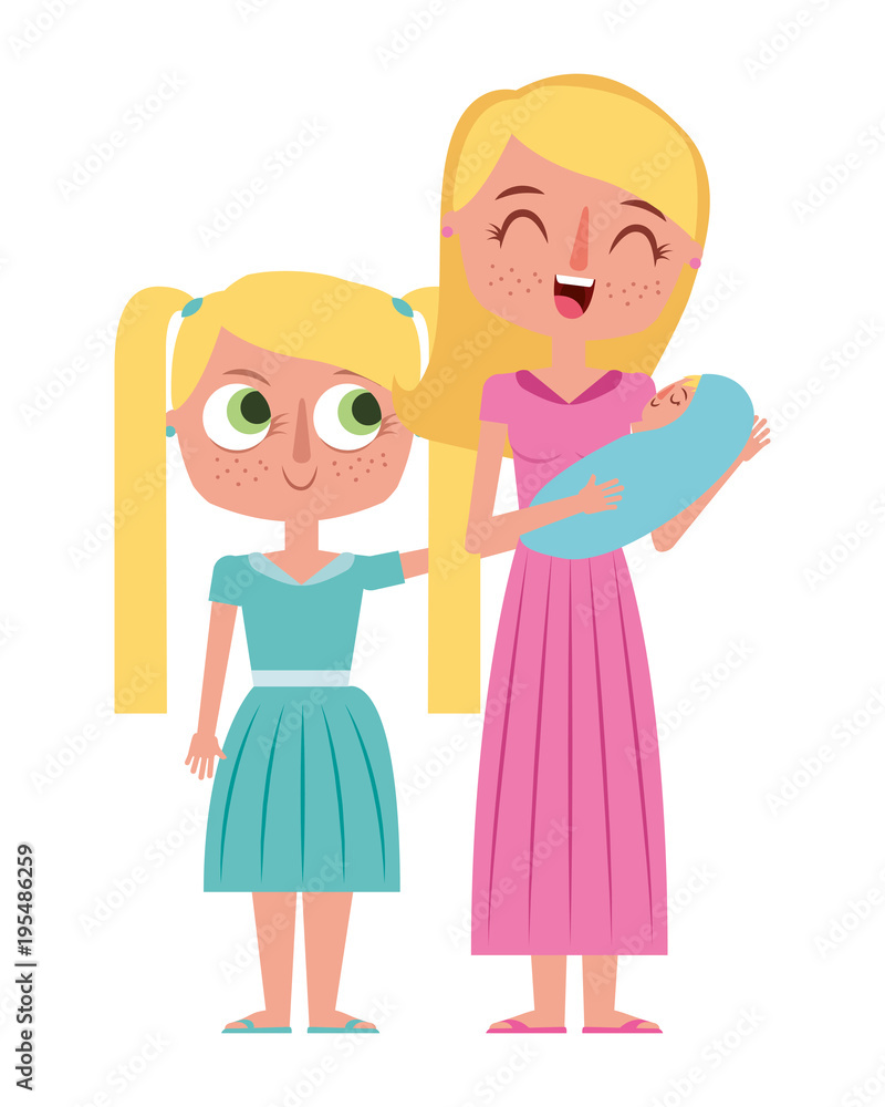 smiling mother is holding her little baby and daughter vector illustration smiling mother is holding her little baby and daughter vector illustration