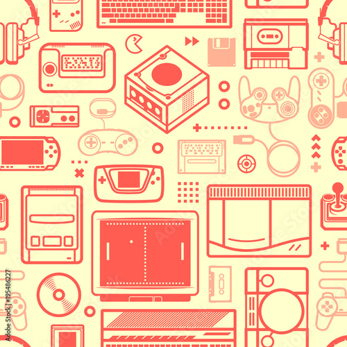 Vector seamless pattern with oldschool gaming objects. Color schematic lines.