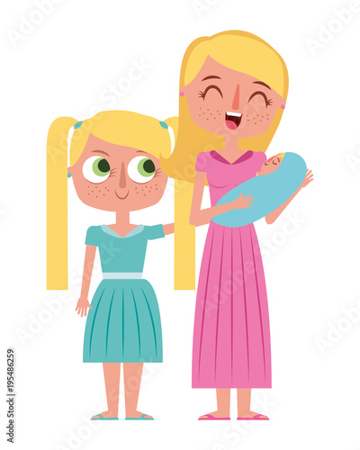 smiling mother is holding her little baby and daughter vector illustration