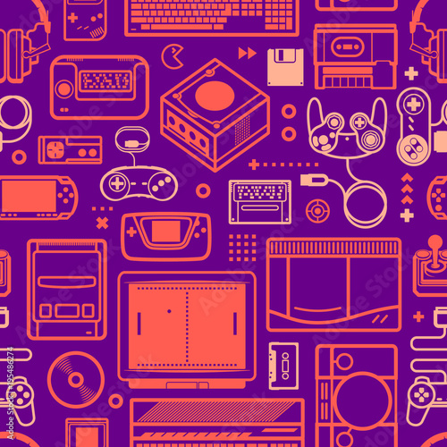 Vector seamless pattern with oldschool gaming objects. Color schematic lines.