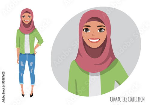 Muslim women character is happy and smiling. Muslim young woman wearing hijab.