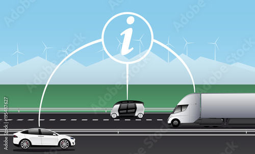 Vehicle to vehicle communication. Data exchange between self driving cars. Vector illustration