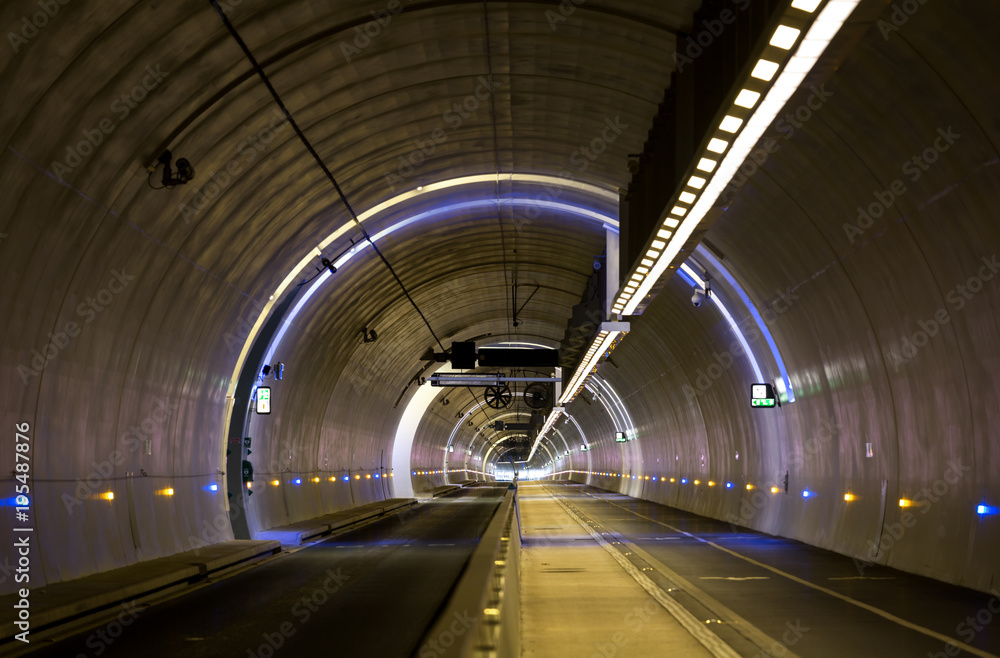 Empty, modern tunnel for pedestrians, cyclist and public transport. Lyon, France.