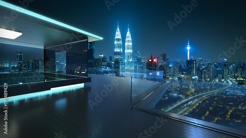 3D rendering of a modern glass balcony with kuala lumpur city skyline real photography background  night scene .Mixed media .