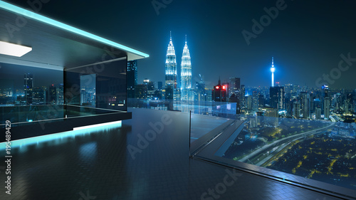 Canvas Print 3D rendering of a modern glass balcony with kuala lumpur city skyline real photography background, night scene