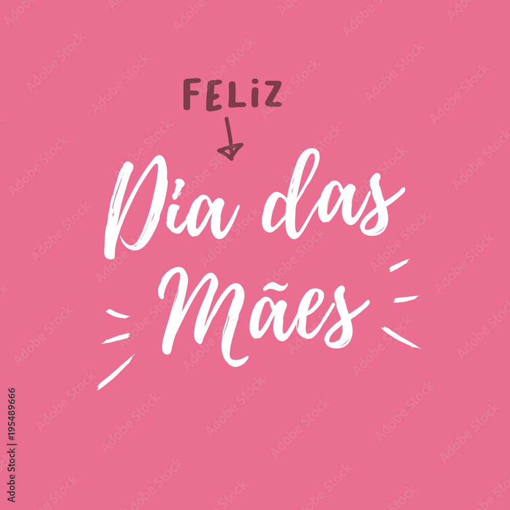 Happy mothers day card, pink background. Editable logo vector design. Portuguese version.