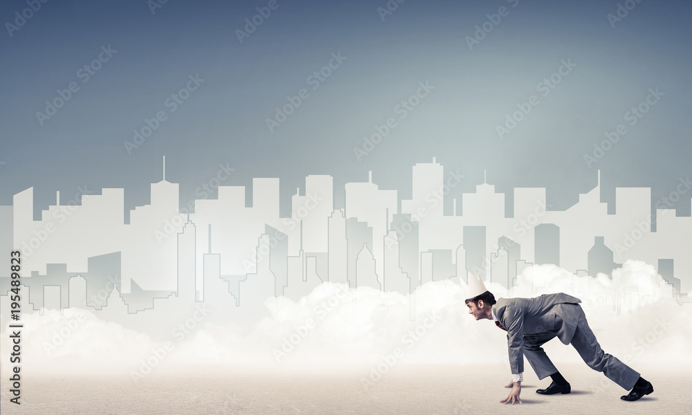 King businessman in elegant suit running and blue cityscape silh King businessman in elegant suit running and blue cityscape silh
