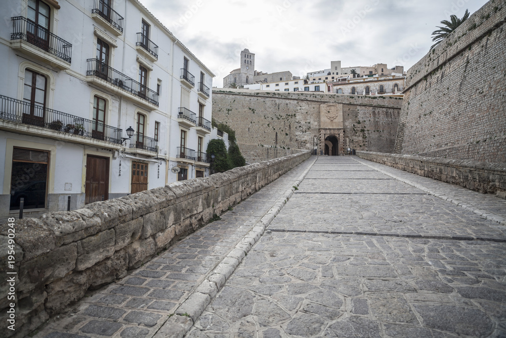 Fototapeta premium Historic center, Gateway, Portal de Ses Taules, main entrance to the walled enclosure of the old town of Ibiza, Balearic Islands.