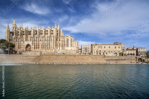 City view, iconic monuments, pond and cathedral or La Seu, Palma, Balearic Islands.
