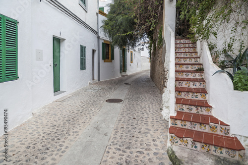  Street view  historic center  houses in walled enclosure of the old town.Ibiza  Balearic Islands  Spain 