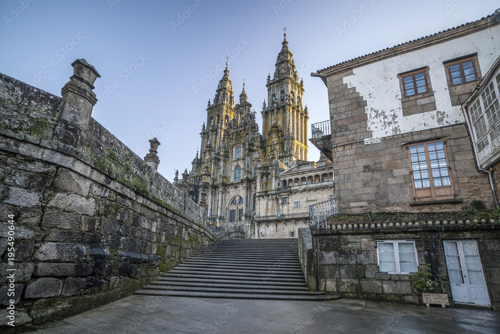 City view, cathedral and houses, obradoiro. Santiago de Compostela, Spain.