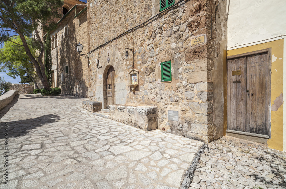 Ancient street village view, Deia, Serra de Tramuntana, Mallorca Island, Balearic Islands. Spain.