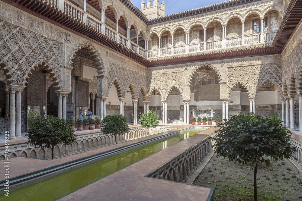 Alcazar of Seville, Reales Alcazares de Sevilla, The Courtyard of the Maidens,Andalucia, Spain.