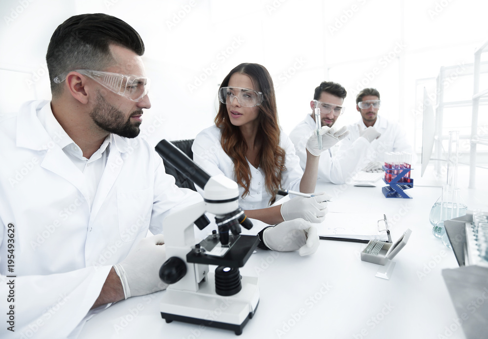 Fototapeta premium group of young scientists discussing the results of a study
