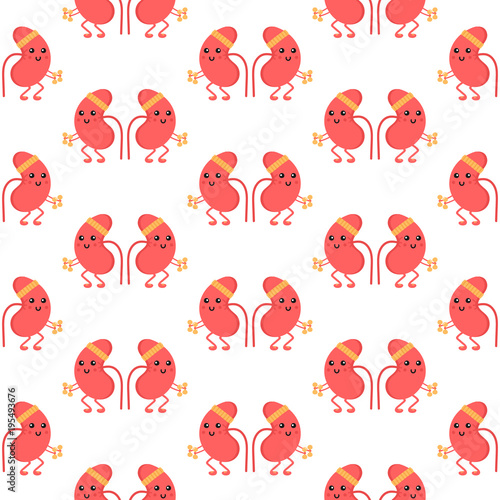 Seamless pattern background with couple of cartoon kidney characters doing sport, exercises.