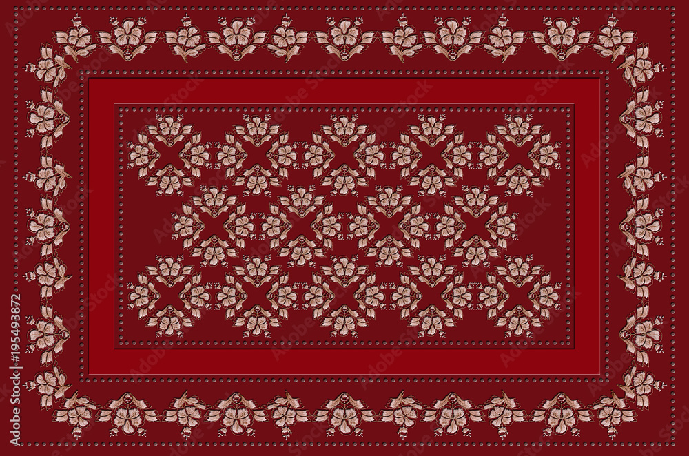 Pattern frame of claret beads with red ribbon and pink beige flowers with leaves and buds for embroidery on claret tablecloth Pattern frame of claret beads with red ribbon and pink beige flowers with leaves and buds for embroidery on claret tablecloth