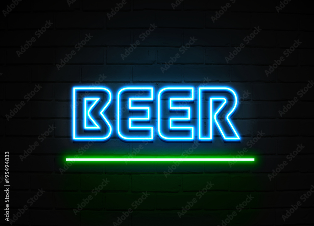 Beer neon sign mounted on brick wall. Beer neon sign mounted on brick wall.