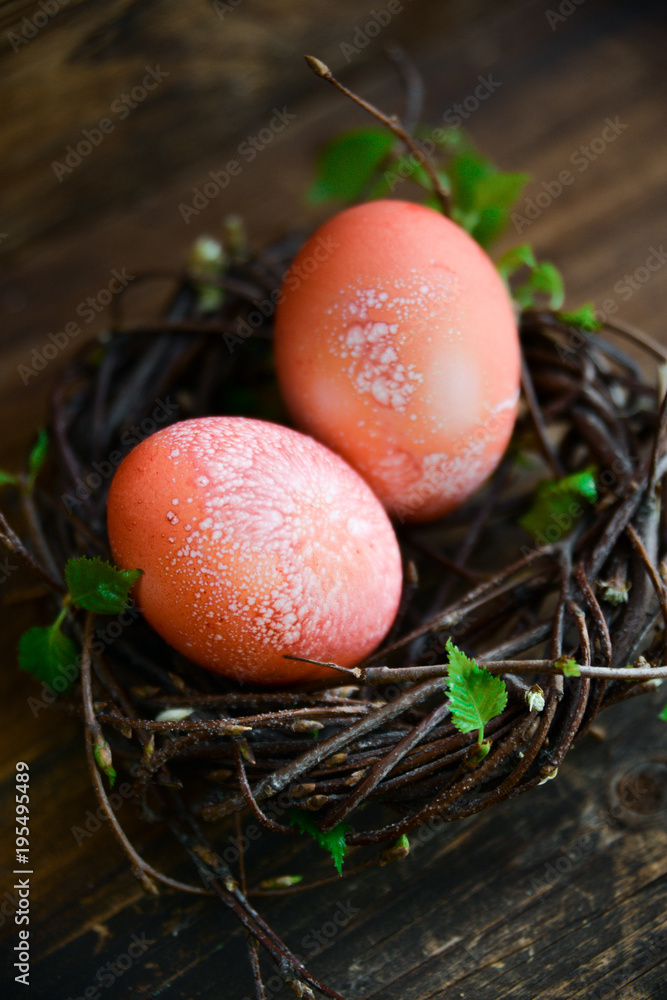 Easter decor, background: painted red eggs in a decorative nest with branches of greenery, the concept of the spring festival, the arrival of spring. The layout for your text. Easter decor, background: painted red eggs in a decorative nest with branches of greenery, the concept of the spring festival, the arrival of spring. The layout for your text.
