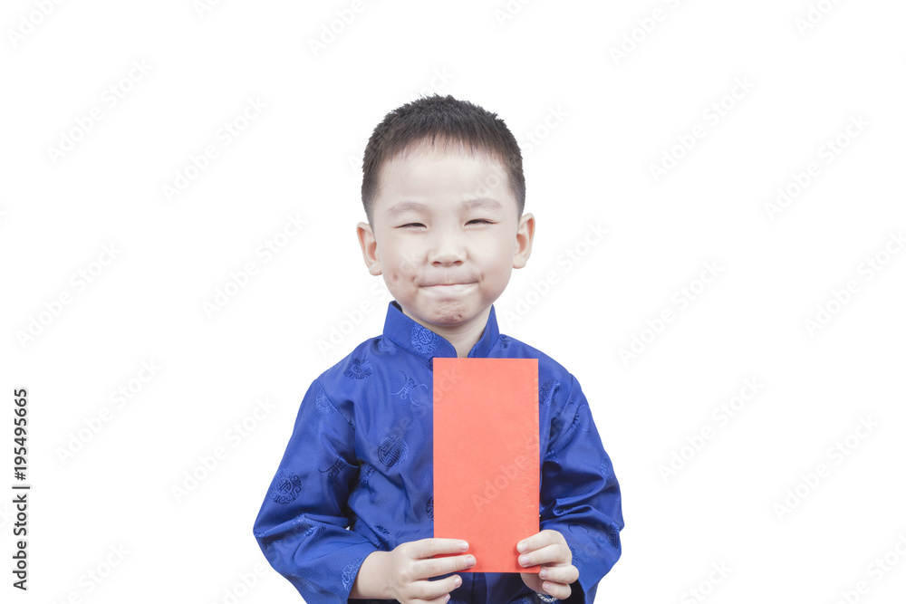 Happy boy holding Red envelope for new year means get luck and rich. isolated on white background Happy boy holding Red envelope for new year means get luck and rich. isolated on white background