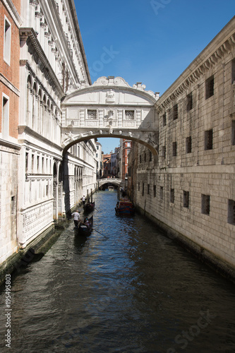 Venice, Bridge of sighs with gondola. Characteristic little bridge that connect historical Ducal Palace with prison.
