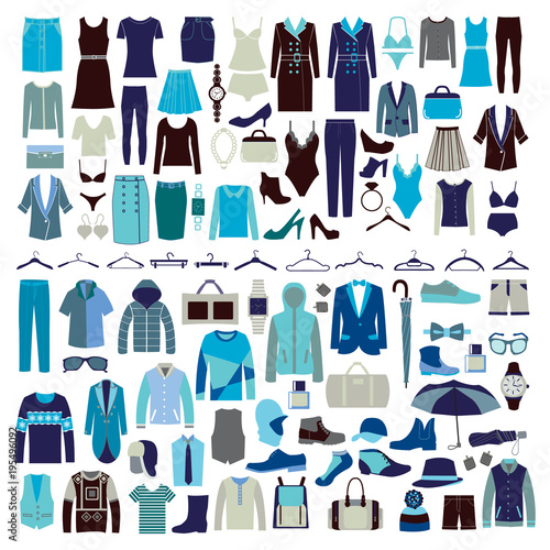 Men and women clothes vector icon set.