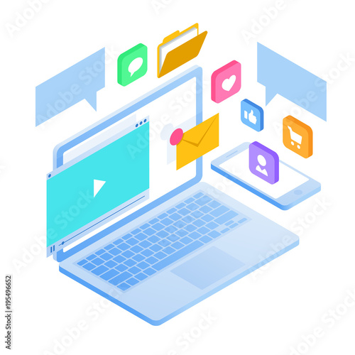 Isometric Mobile smartphone services cloud concept. Strategies for inbound marketing, SEO, Social media, Content, video and email. Inbound bound marketing. Flat Vector Illustration