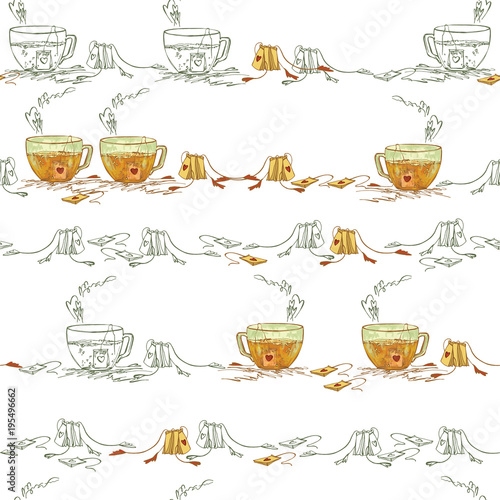 
Tea in a glass cup with hearts on tea bags. A sketch of a cup of tea with a romantic mood. Tea with Love.
