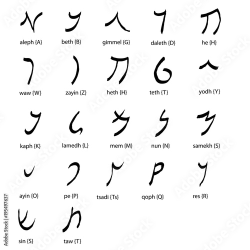 Hand drawn aramaic alphabet,  black isolated on white background.